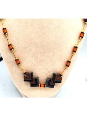 Chevron Beaded Necklace With AmberColor & Black Accents Gold-Tone Bars And Barre